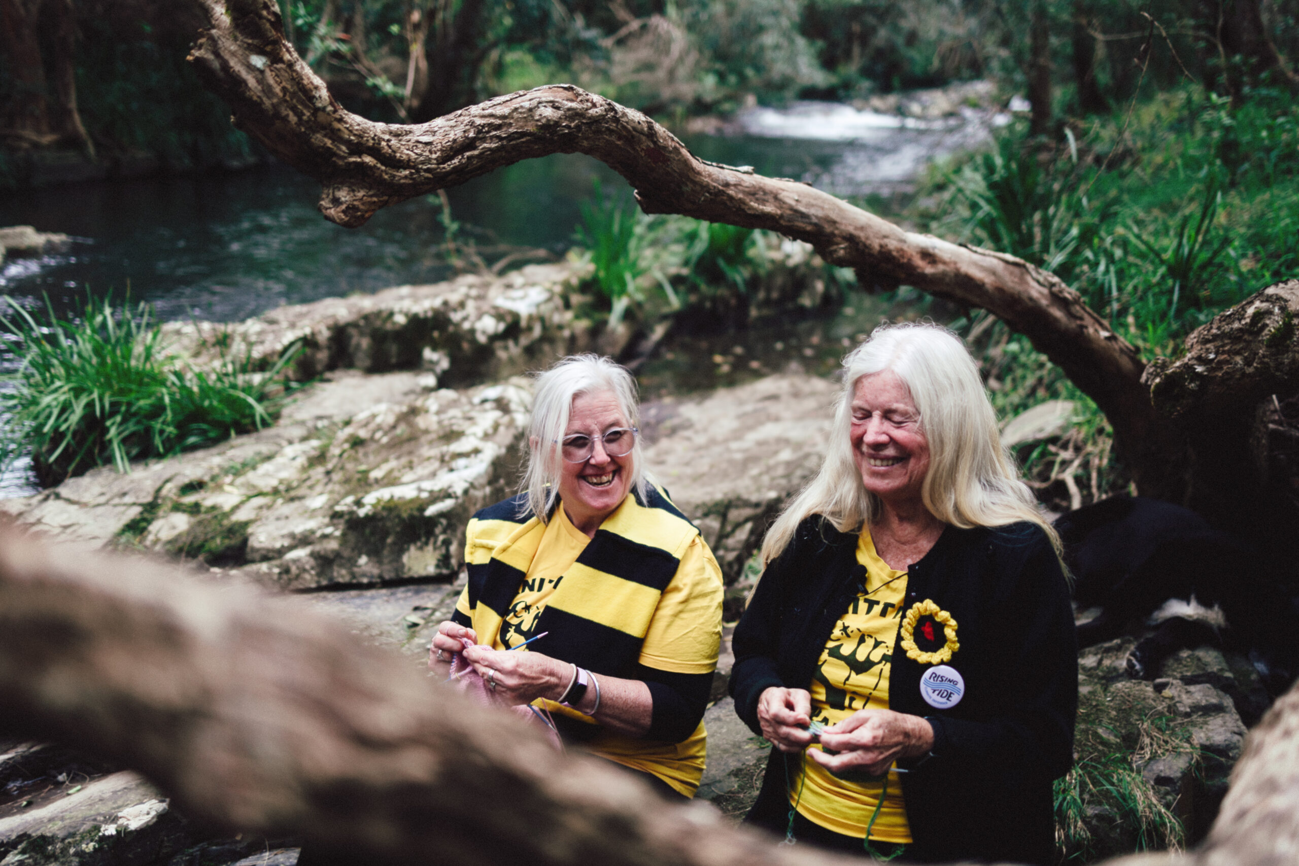 Two women knitting on a riverbank.